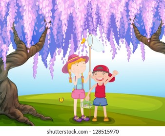 Illustration of a girl and a boy catching butterfly at the park