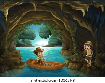 Illustration of a girl and a boy at the cave
