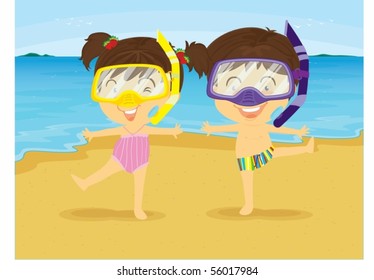 Illustration of Girl and Boy Dancing on Beach on white background