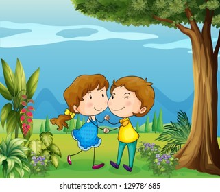 Illustration of a girl and a boy dancing at the park