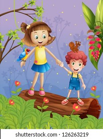 Illustration of a girl and a boy in the forest
