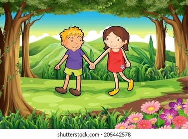 Illustration of a girl and a boy at the forest