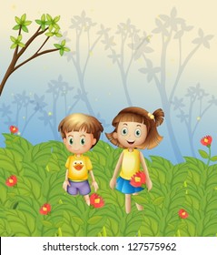 Illustration of a girl and a boy in the garden