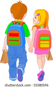 Illustration of girl and boy go to school