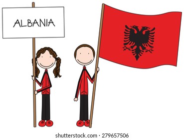 Illustration of a girl and boy holding Albanian flag and banner
