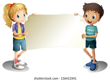 Illustration of a girl and a boy holding an empty banner on a white background