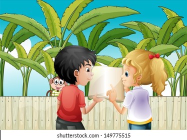 Illustration of a girl and a boy holding an empty book near the wooden fence with a monkey