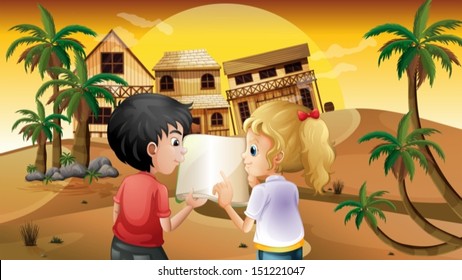 Illustration of a girl and a boy holding an empty book at the desert