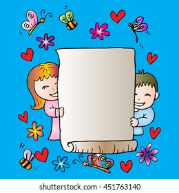 Illustration of a girl and a boy holding an empty banner. Hand drawing illustration.