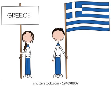 Illustration Of A Girl And Boy Holding Greek Flag And Banner 