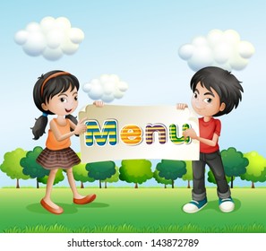 Illustration of a girl and a boy holding a signboard