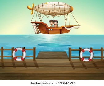 Illustration of a girl and a boy inside the aircraft near the seaport