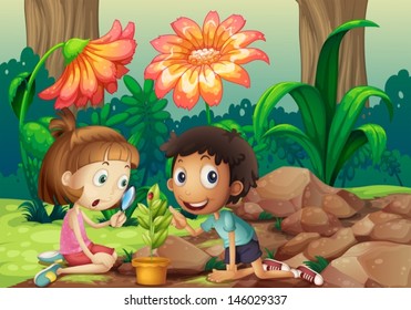 Illustration of a girl and a boy looking at the plant with a magnifying glass