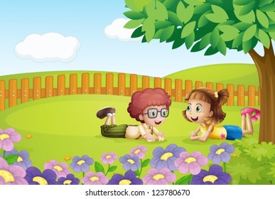 Illustration of a girl and a boy lying in a beautiful nature