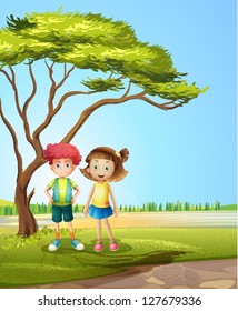 Illustration of a girl and a boy near a big tree