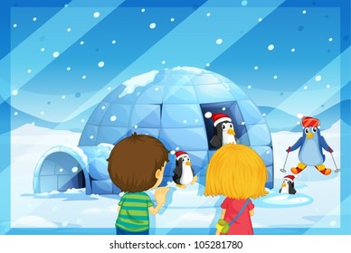 Illustration eines Mädchens und Jungen mit Pinguinen im Schneefall