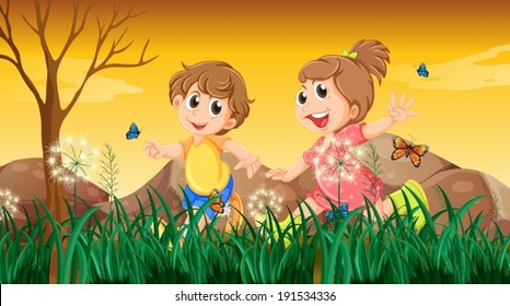 Illustration of a girl and a boy playing with the butterflies