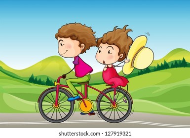 Illustration of a girl and a boy riding in a bike