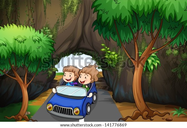 Illustration of a girl and a boy riding in a car\
passing the cave
