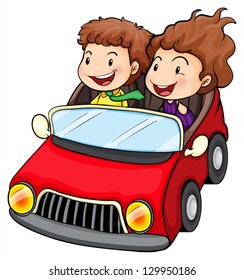 Illustration of a girl and a boy riding in the red car on a white background