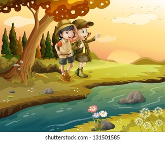 Illustration of a girl and a boy at the riverbank
