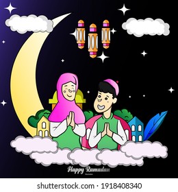 Illustration of a girl and boy saying happy Ramadan with moon and stars background at night Premium vector.