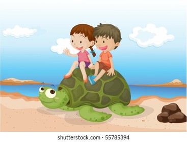 Illustration of Girl and Boy Sitting on Tortoise on colorful background