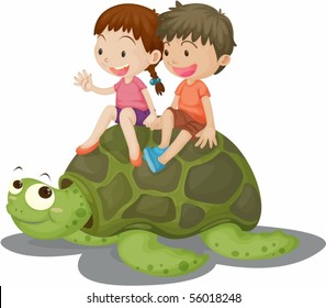 Illustration of Girl and Boy Sitting on Tortoise on white background