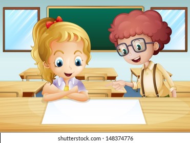 Illustration of a girl and a boy watching the empty signboard inside the classroom