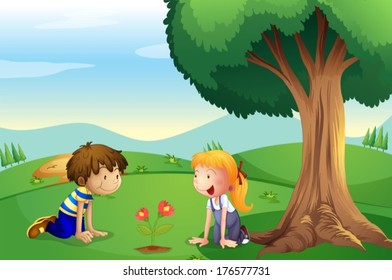 Illustration of a girl and a boy watching the plant grow