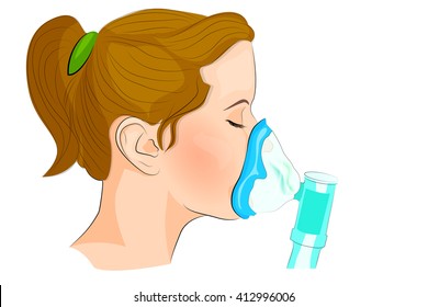 illustration of a girl, breathing through the inhaler