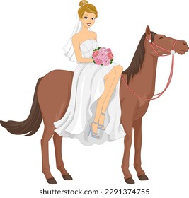 Ilustración de una novia llevando traje de matrimonio y sosteniendo un Bouquet de flores mientras monta un caballo en un zoológico de mascotas