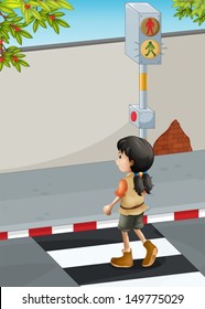 Illustration of a girl with a brown shoes crossing the street