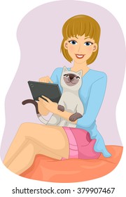 Illustration eines Mädchens, das zufällig Stüff auf ihrer Tablette mit ihrer Katze durchsucht