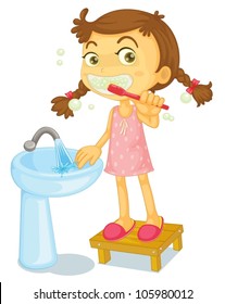 illustration of a girl brushing teeth on a white background