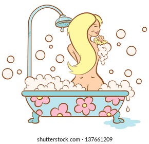 Illustration of a girl in bubble bath