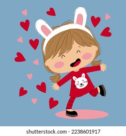 Illustration of a girl with bunny ears headband dancing among hearts