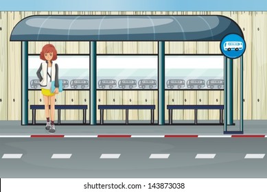 Illustration of a girl in the bus stop