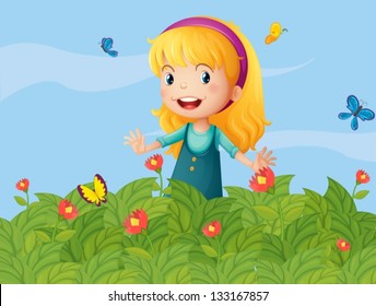 Illustration of a girl with butterflies at the garden