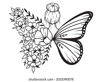 Illustration of a girl with butterfly wings. Woman's portrait with flowers. Woman's body with flower. Design for printing. Blossom. 