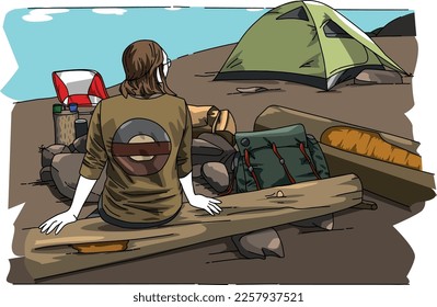 illustration of a girl camping with a tent by the lake vector design