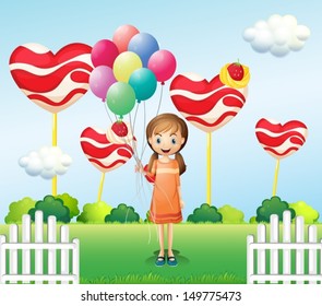 Illustration of a girl in the candyland with eight balloons