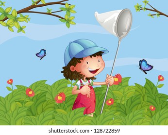 Illustration of a girl with a cap catching butterflies in the garden