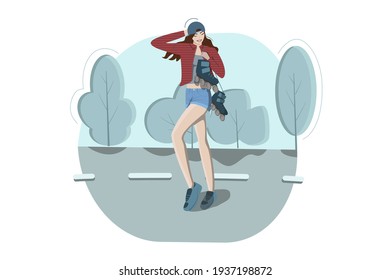 Illustration of a girl in a cap, red plaid shirt and shorts holding roller blades in a blue background with trees. Idea for leisure centres brochures, parks of attractions websites. Flat vector design