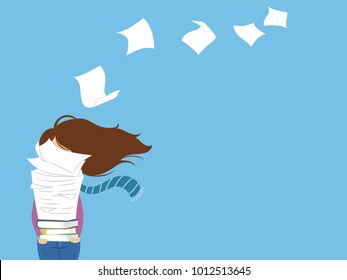 Illustration of a Girl Carrying a Big Pile of Paper and Books with Top Paper Flying Away