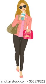 Illustration of a Girl Carrying a Box of Takeaway Food