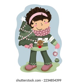 Illustration of a girl carrying a Christmas tree and two decoration balls