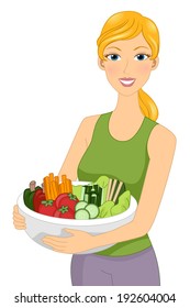Illustration of a Girl Carrying a Large Bowl of Vegetables