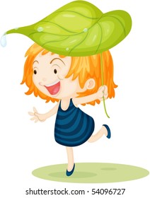 Illustration of girl carrying leaf on white background