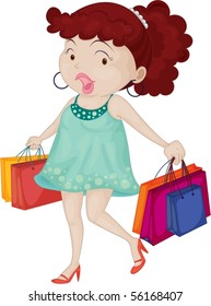 Illustration of A Girl Carrying Shopping Bags on white background